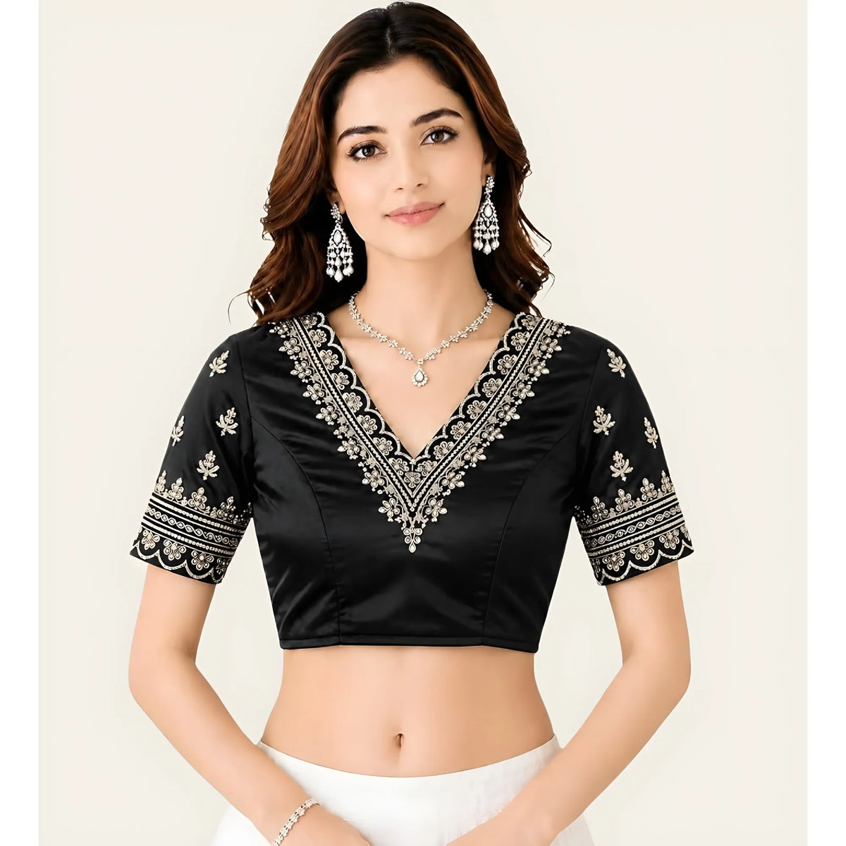 Onyx Women's Satin Embroidered Half sleeve V-Neck Padded Readymade Blouse