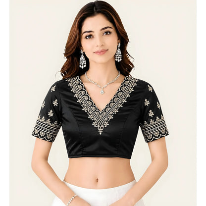 Onyx Women's Satin Embroidered Half sleeve V-Neck Padded Readymade Blouse