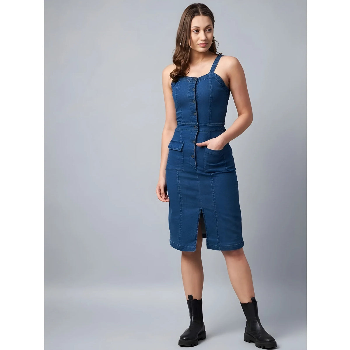 Women's Denim Lycra Solid Square Neck Shoulder Straps Dress (blue) | Women Signature Collection