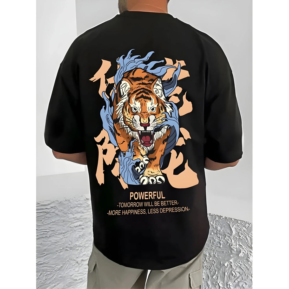 Men's Casual Cotton Blend Printed Round Neck Half Sleeve T-Shirt (Black)