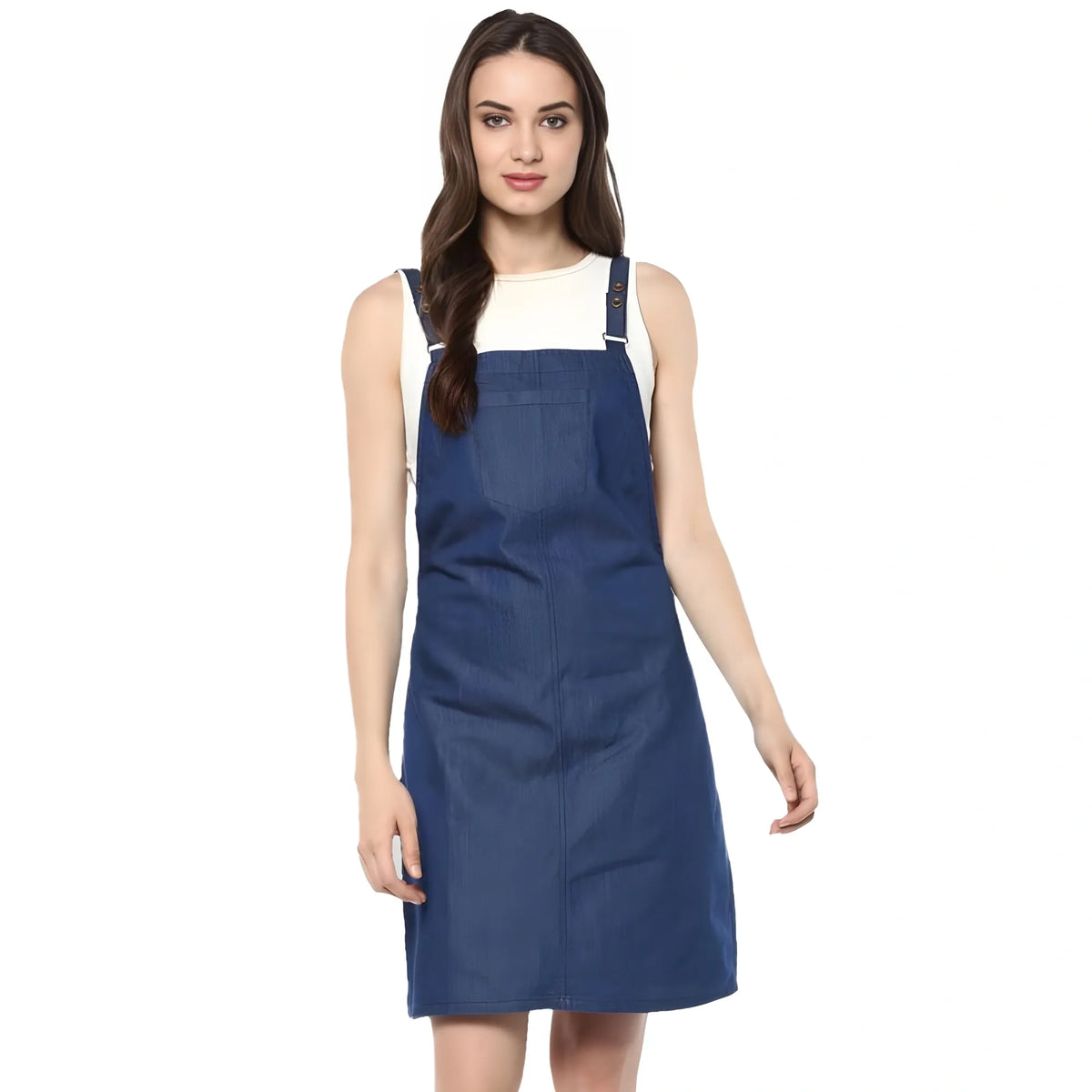 Women's Denim Solid Shoulder Straps Above Knee Dress (blue) | Women Signature Collection