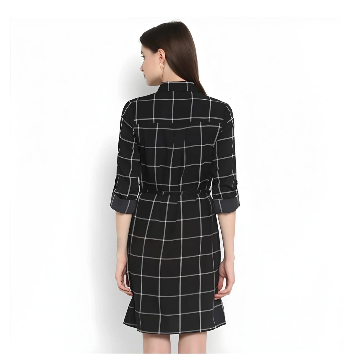Women's Polyester Checkered Roll Up Sleeve Above Knee Dress (black White) | Women Signature Collection