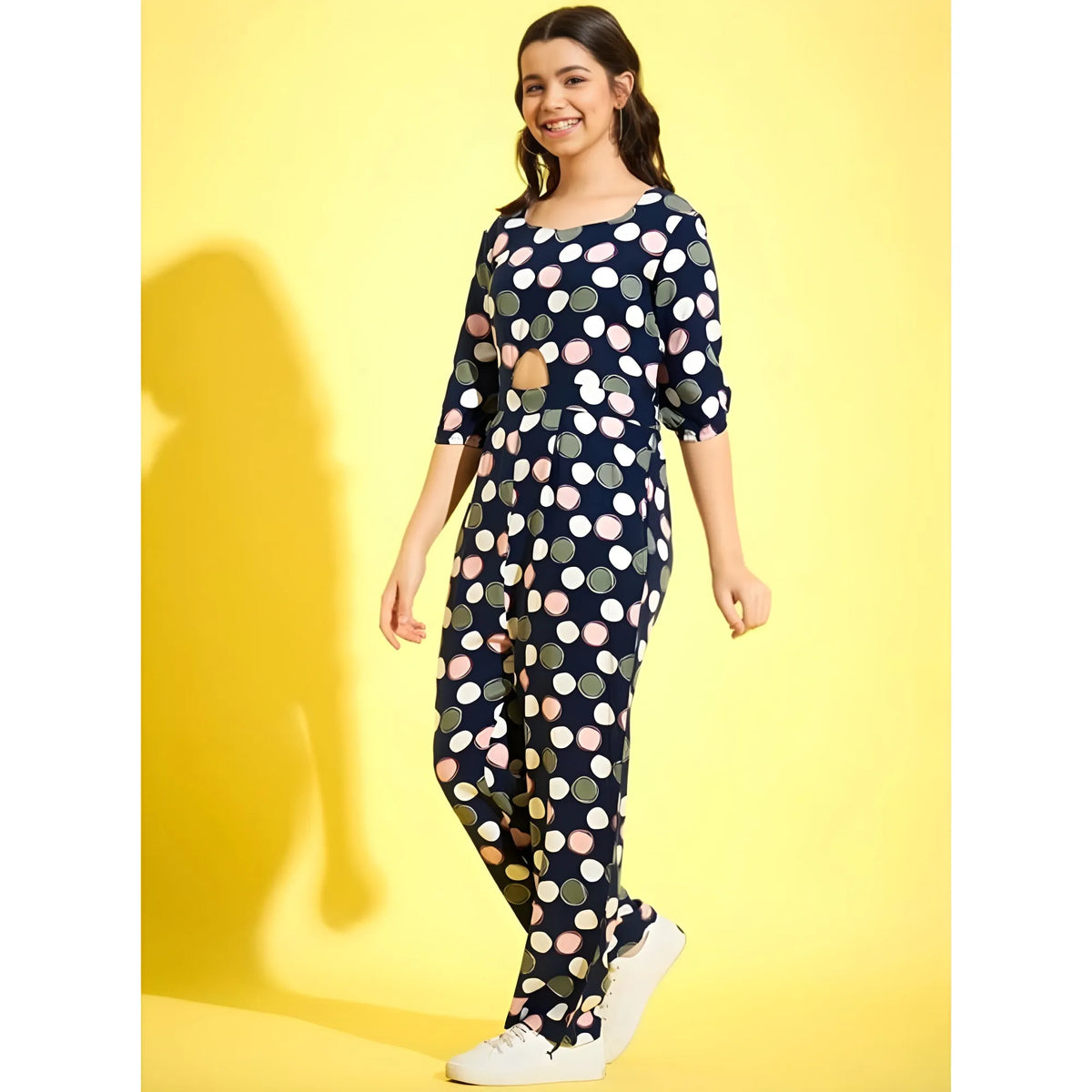 Girl's Cotton Polka 3 4th Sleeve Jumpsuit (multicolor) | Women Signature Collection