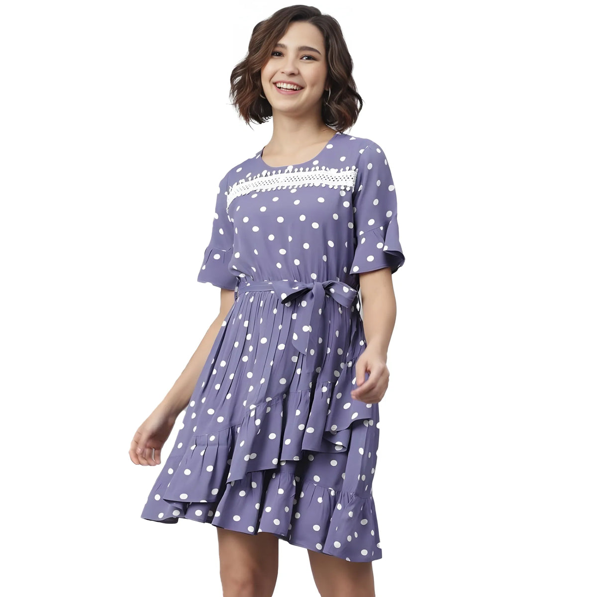 Women's Polyester Polka Bell Sleeve Above Knee Dress (lavender) | Women Signature Collection