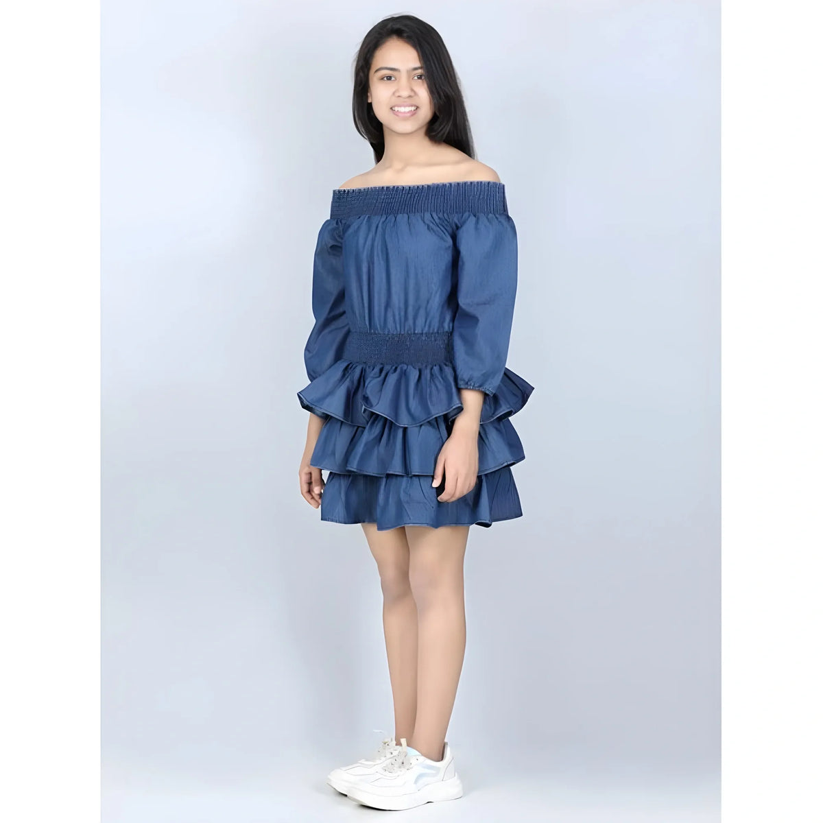 Girl's Denim Solid Off Shoulder Dress (blue) | Kids Signature Collection