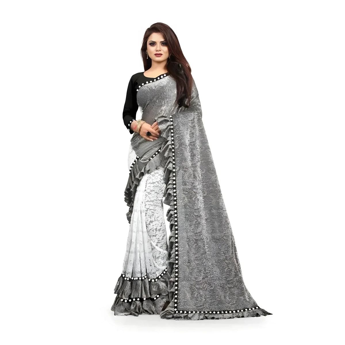 Women's Silk With Mirror Lace Solid Saree With Unstitched Blouse (grey, 5 5 Mtrs) | Women Signature Collection