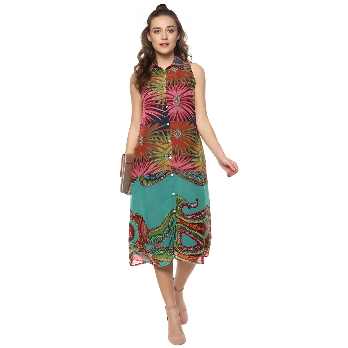 Women's Polyester Floral Sleeveless Below Knee Dress (multicolor) | Women Signature Collection