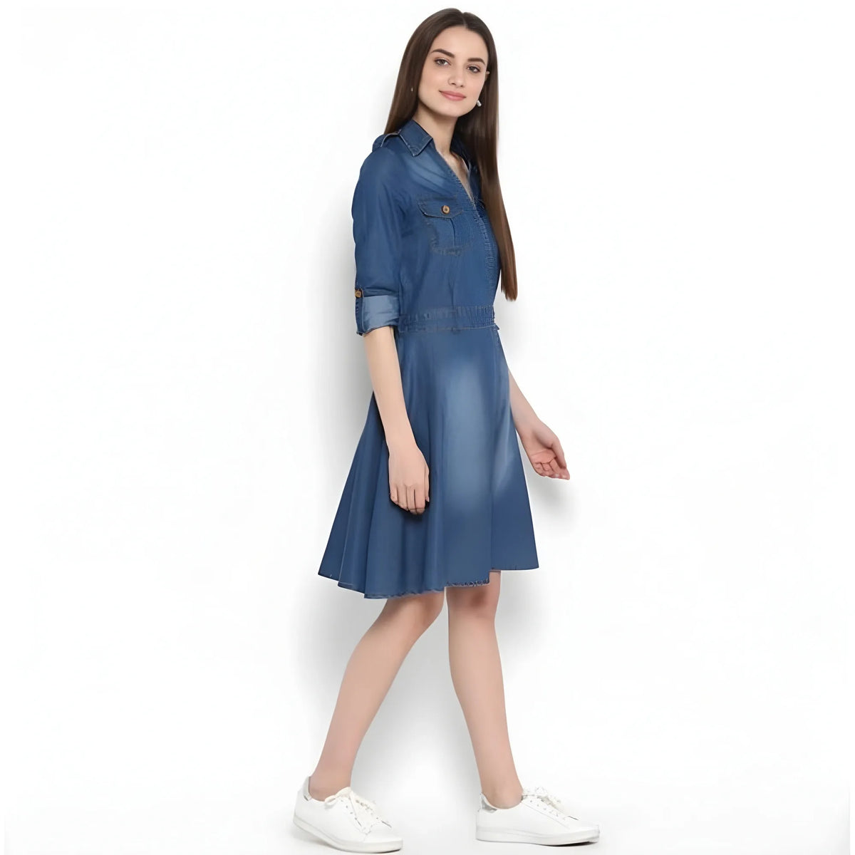 Women's Denim Solid Roll Up Sleeve Dress (blue) | Women Signature Collection