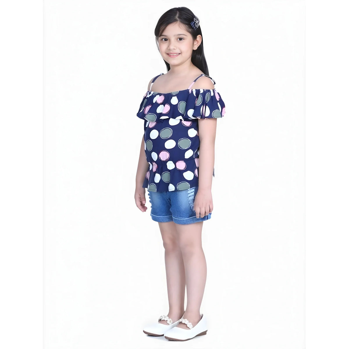 Girl's Rayon Solid Cold Shoulder Top With Shorts (navy Blue) | Kids Signature Collection