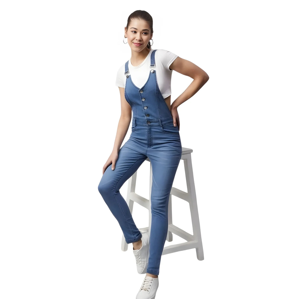 Women's Denim Lycra Solid Buttoned Dungaree (ice Blue) | Women Signature Collection