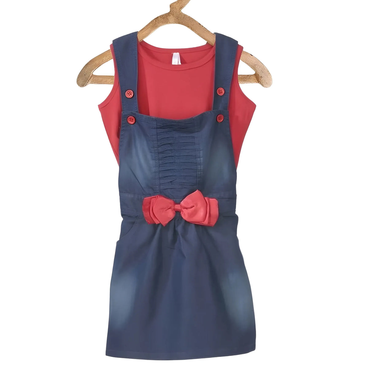 Girl's Denim &amp; Cotton Bow Sleeveless Dungaree (red) | Kids Signature Collection
