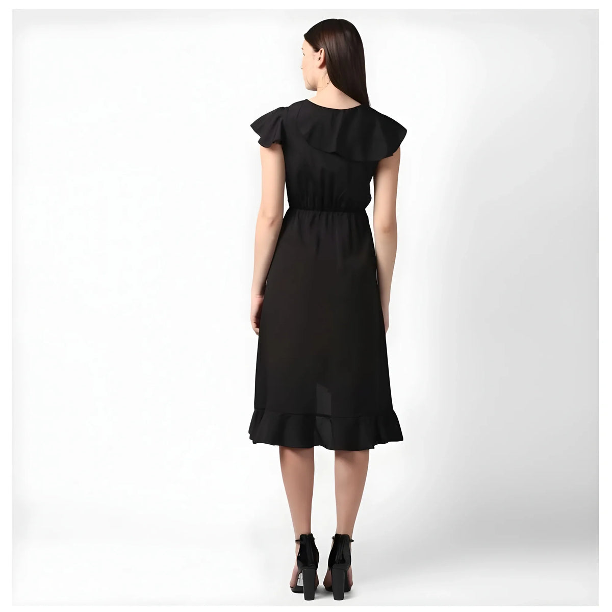 Women's Polyester Ruffled Cap Sleeve Knee Length Dress (black) | Women Signature Collection
