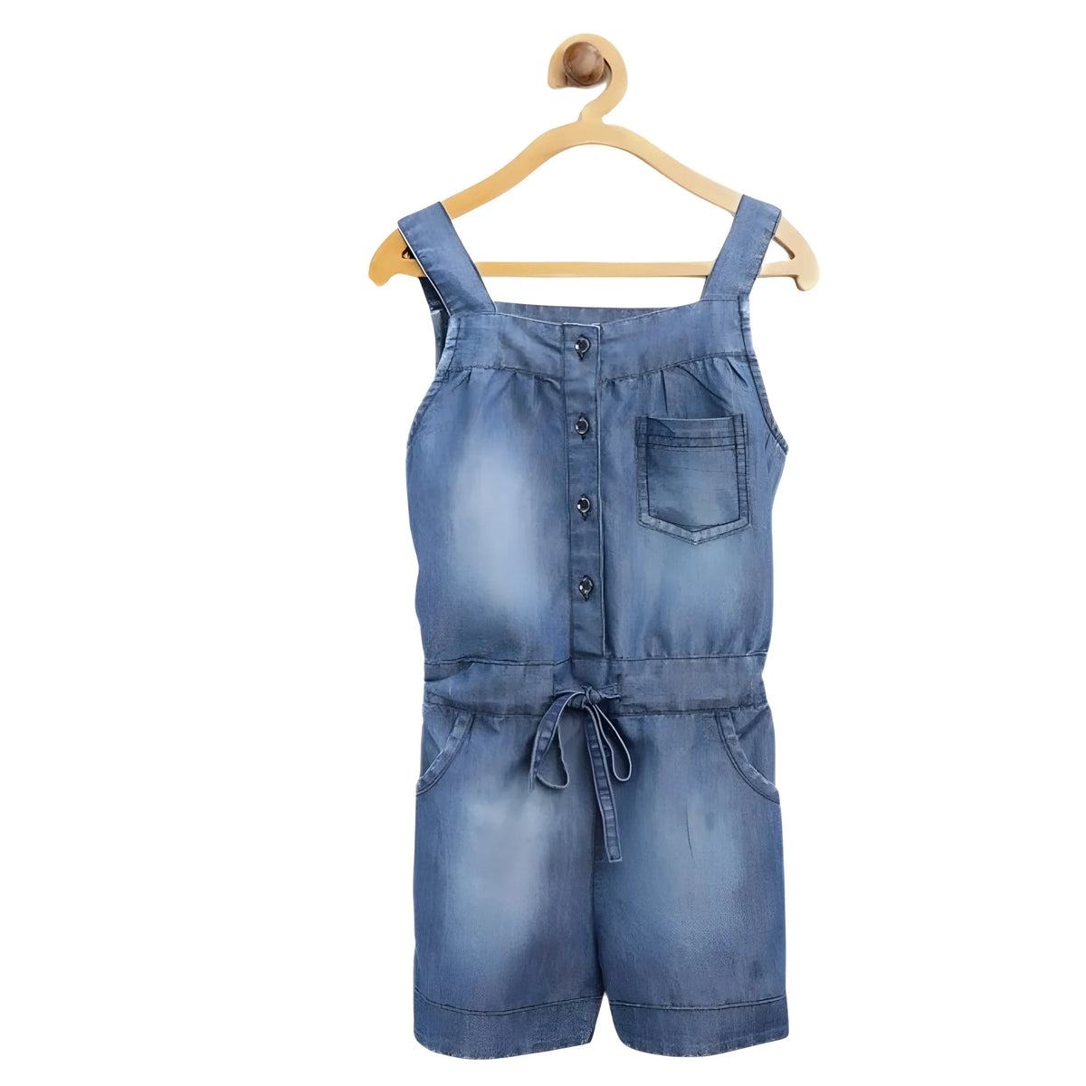 Girl's Denim Embroidered Sleeveless Jumpsuit (blue) | Kids Signature Collection