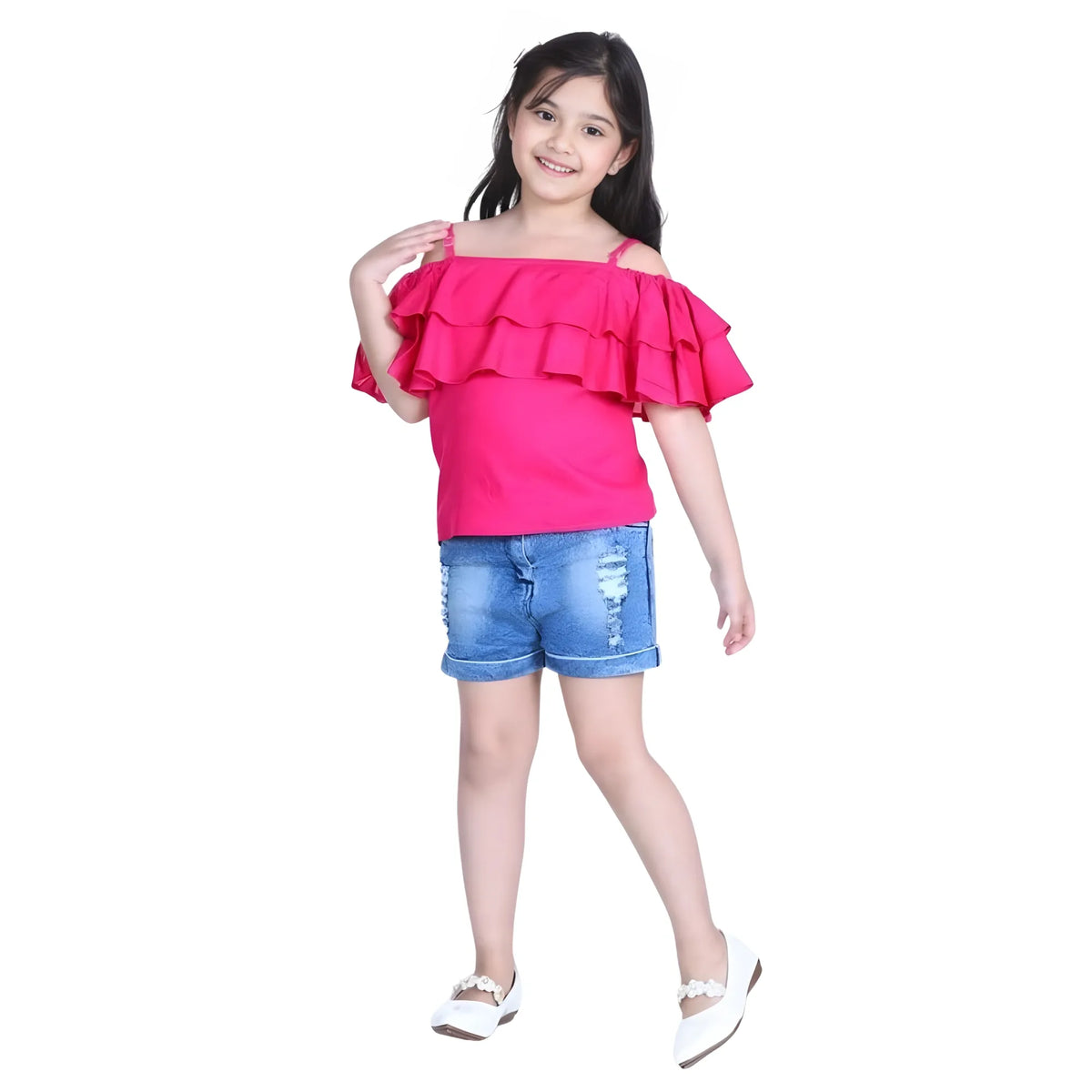 Girl's Rayon Solid Cold Shoulder Top With Shorts (pink Blue) | Kids Signature Collection