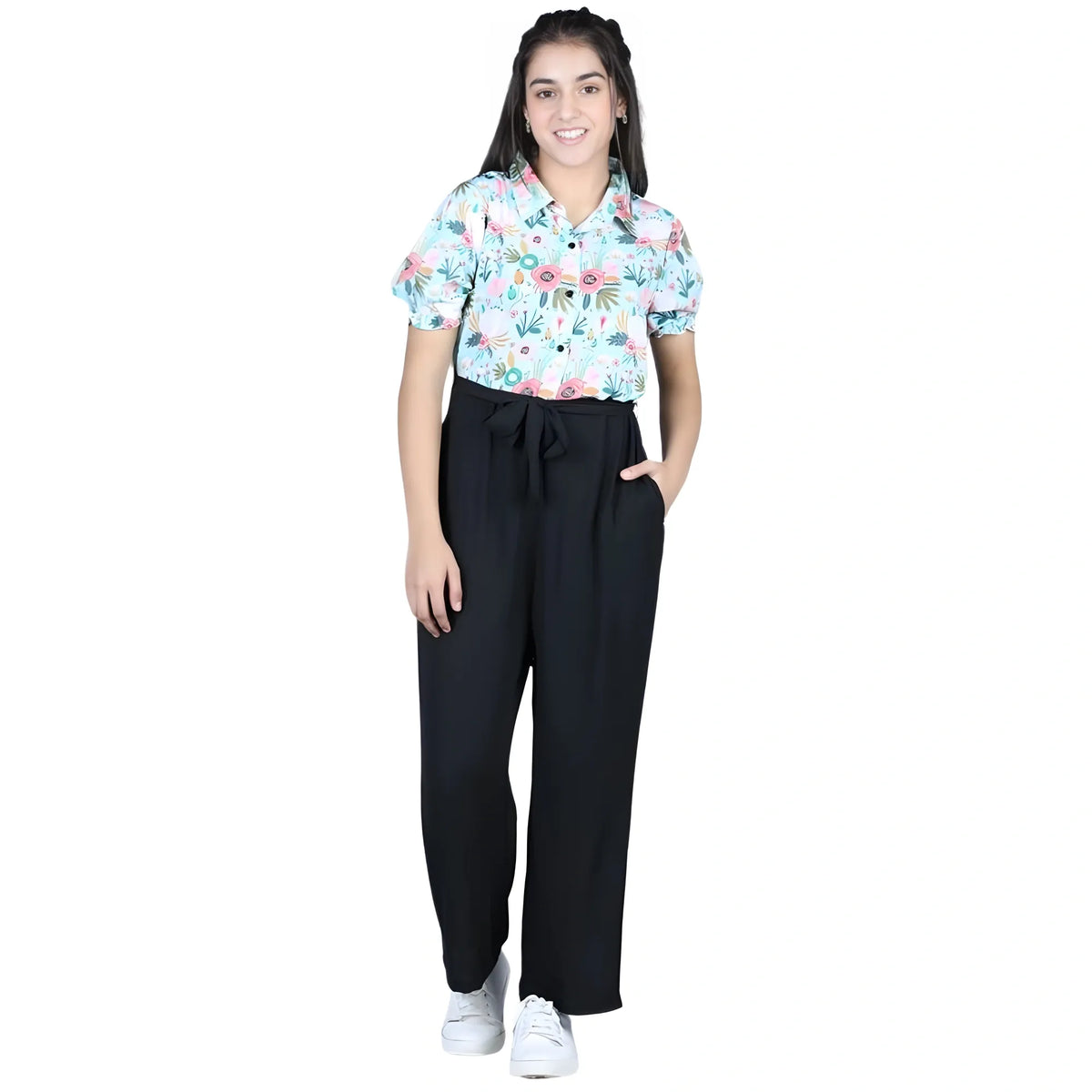 Girl's Polyester Floral Short Sleeves Jumpsuit (green Black) | Kids Signature Collection