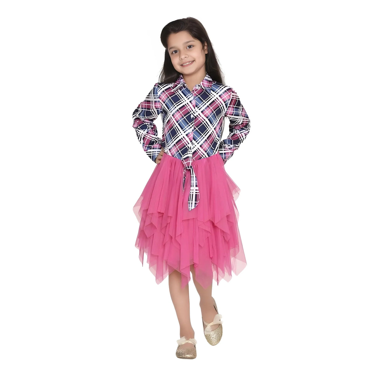 Girl's Polyster Crepe Lace Inserts Long Sleeves Dress (pink Blue) | Kids Signature Collection