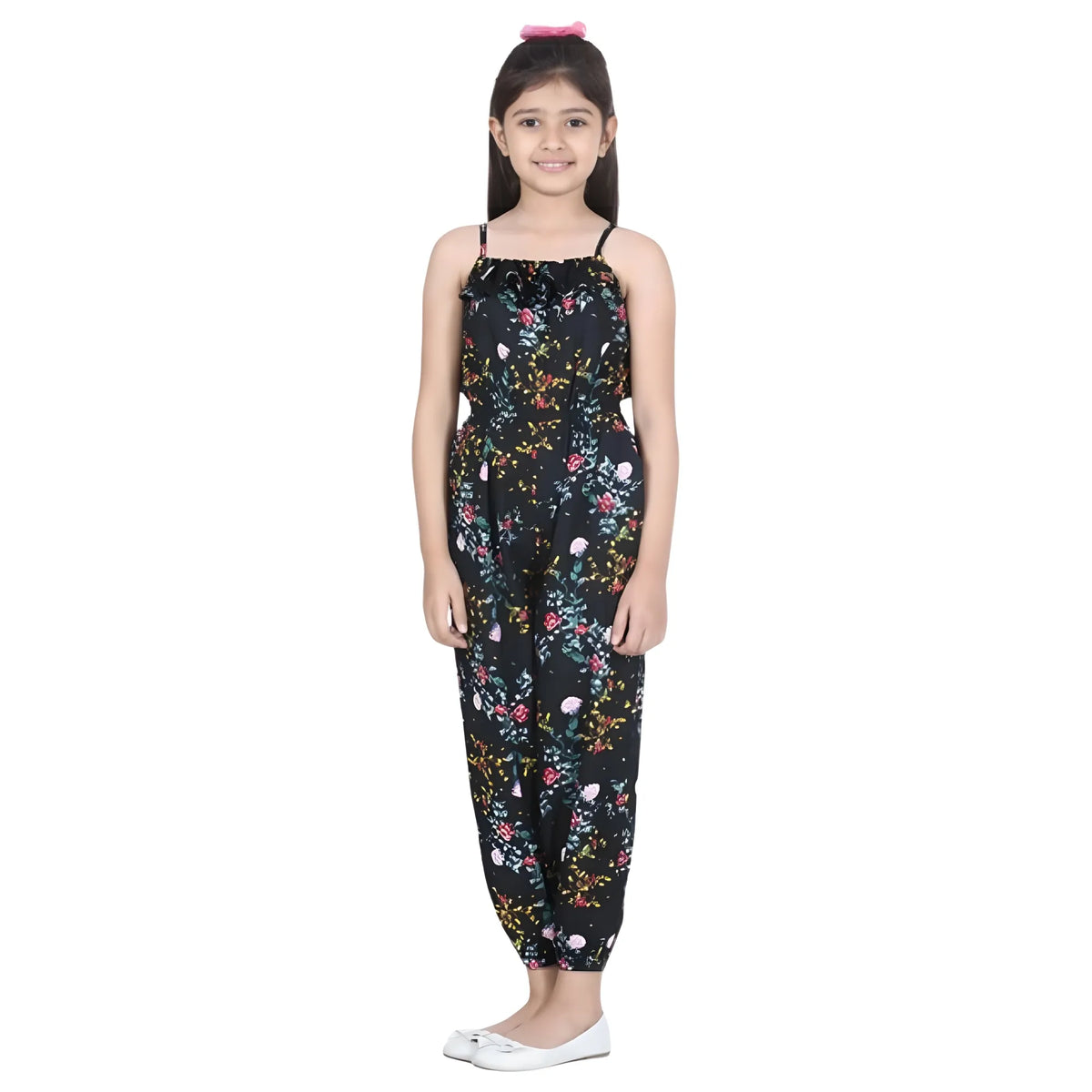Girl's Rayon Flamingo Print Sleeveless Jumpsuit (black Multicolor) | Kids Signature Collection