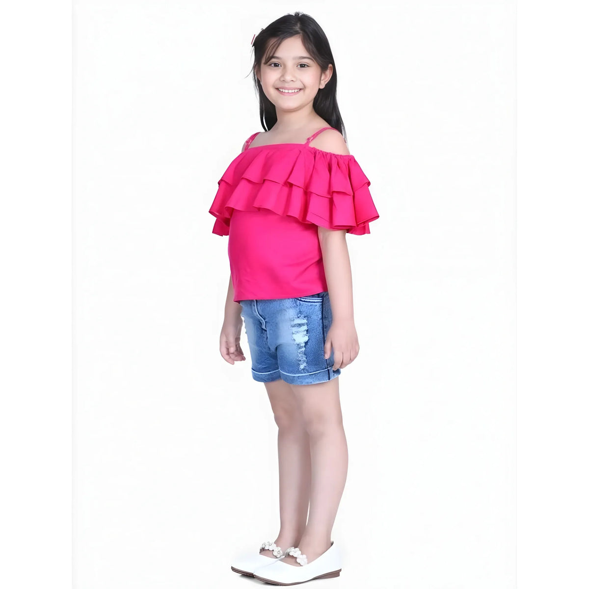 Girl's Rayon Solid Cold Shoulder Top With Shorts (pink Blue) | Kids Signature Collection