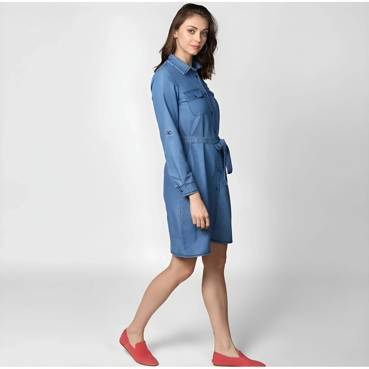 Women's Denim Solid Roll Up Sleeve Dress (blue) | Women Signature Collection