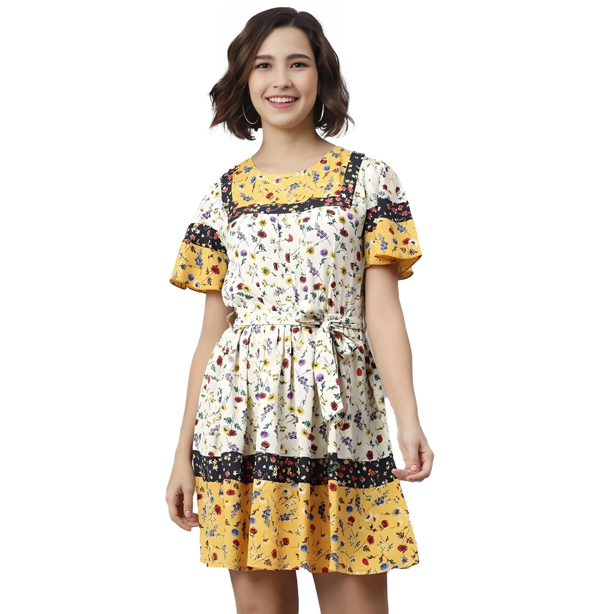 Women's Polyester Floral Flutter Above Knee Dress (multicolor) | Women Signature Collection