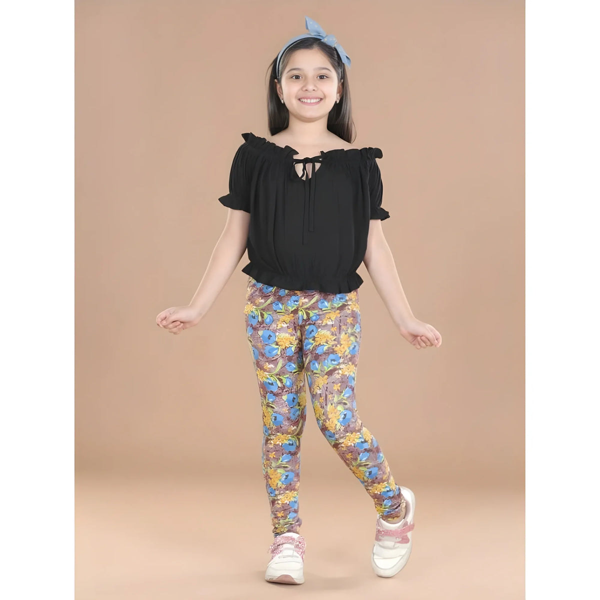 Girl's Cotton Lycra Floral Elasticated Jeggings (Multicolor)