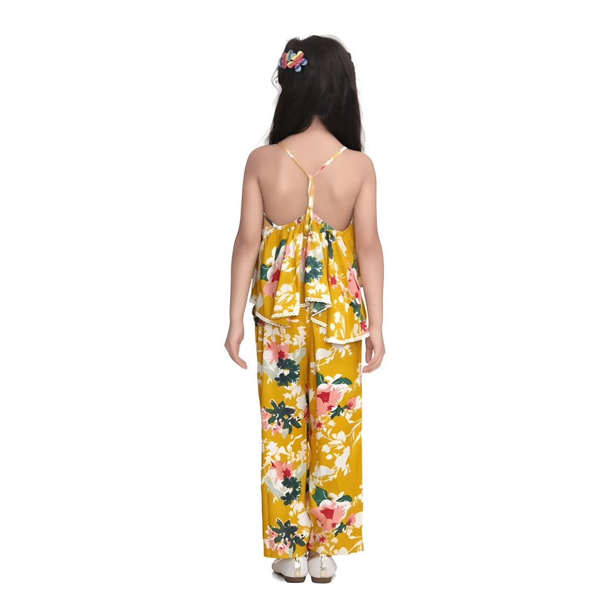 Girl's Rayon Floral Shoulder Straps Jumpsuit (mustard) | Kids Signature Collection