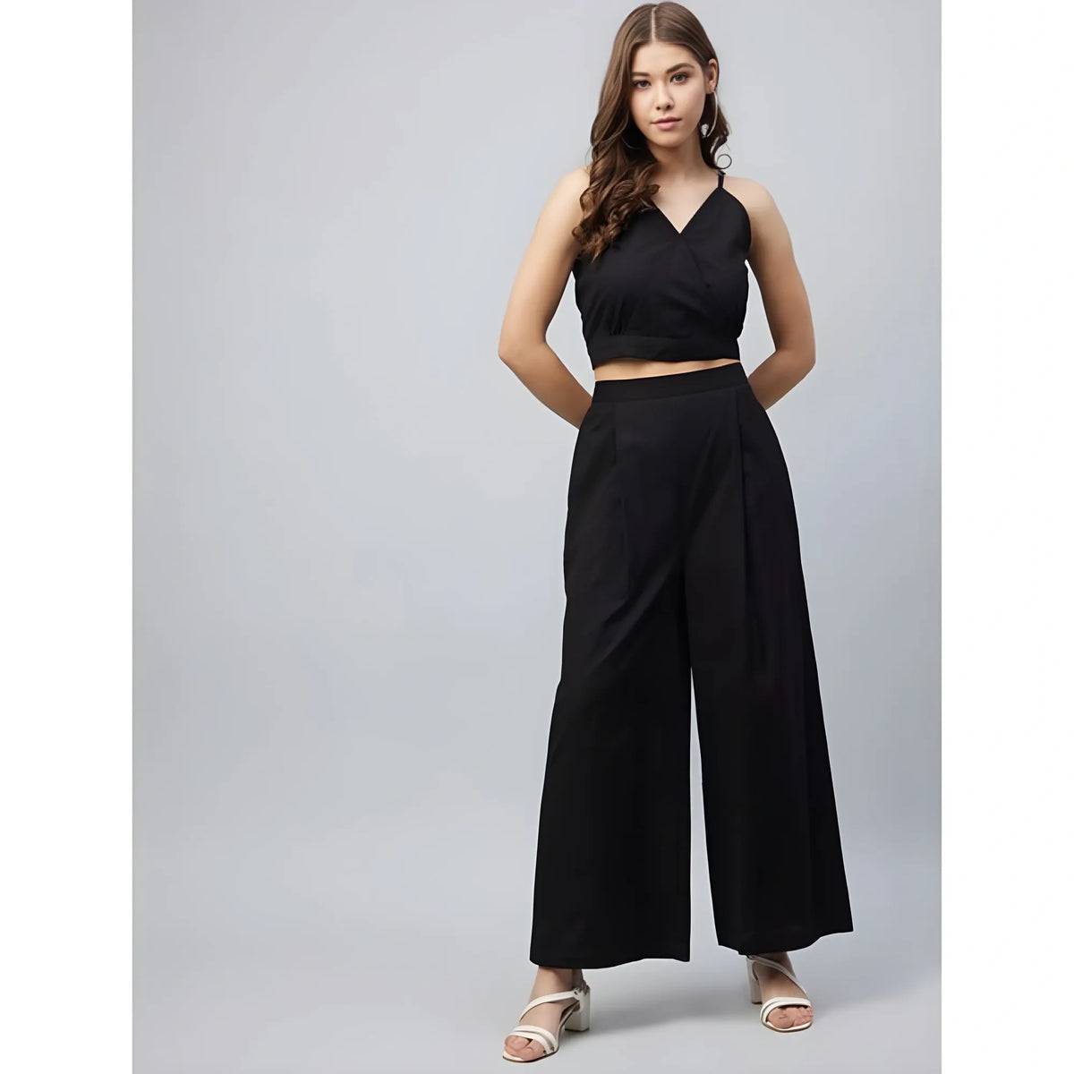 Women's Cotton Linen Solid Sleeveless Crop Top And Palazzo Set (black) | Women Signature Collection