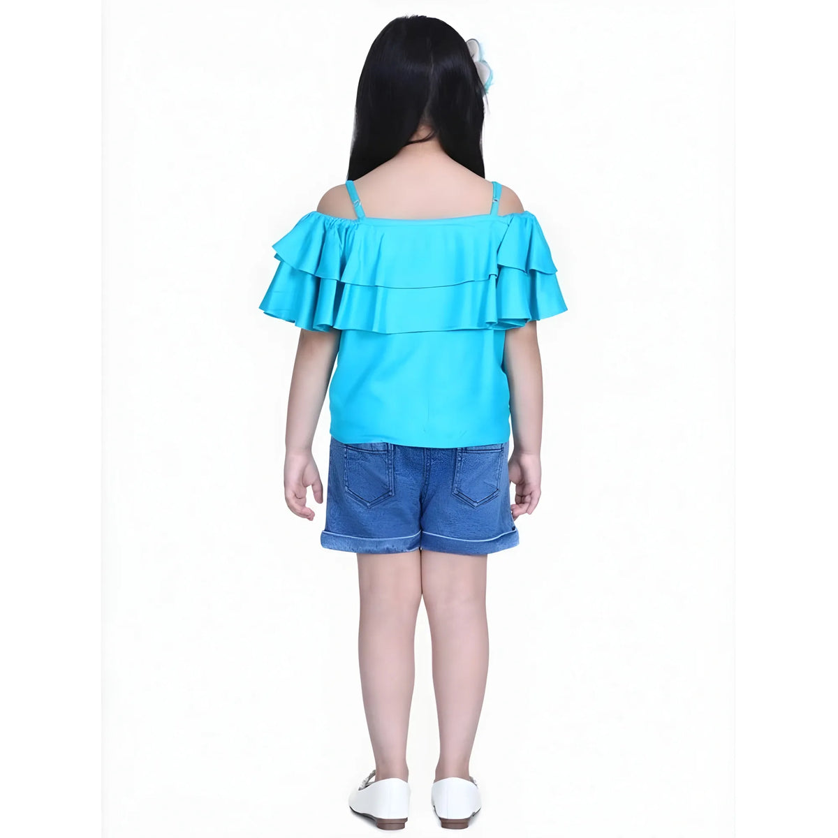 Girl's Rayon Solid Cold Shoulder Top With Shorts (blue) | Kids Signature Collection