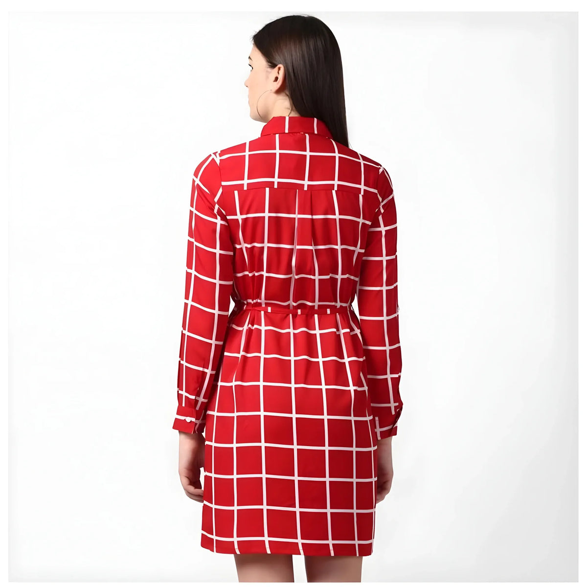 Women's Polyester Checkered Long Sleeves Above Knee Dress (red) | Women Signature Collection