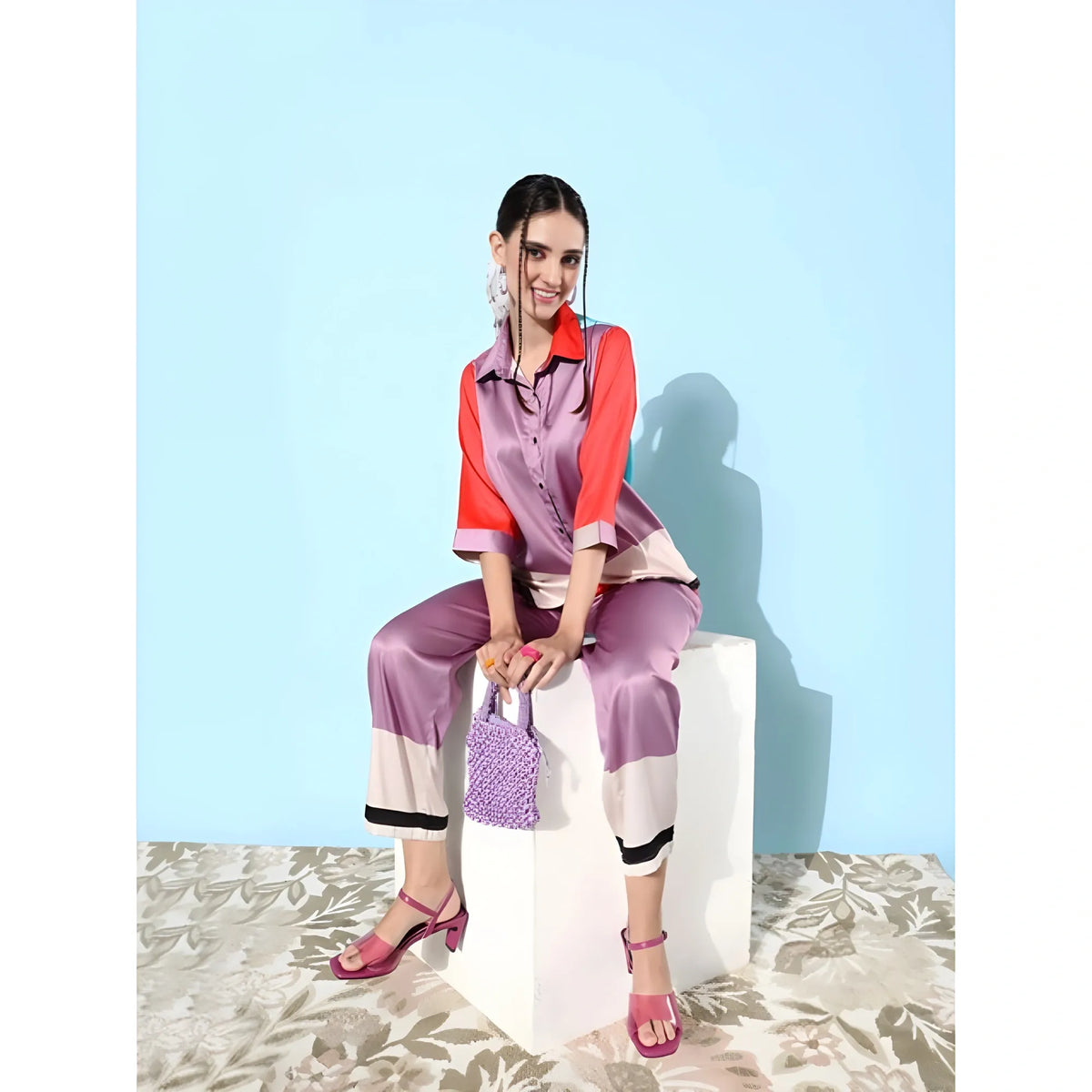 Women's Satin Colour Block Long Sleeves Co Ord Set (multicolor) | Women Signature Collection
