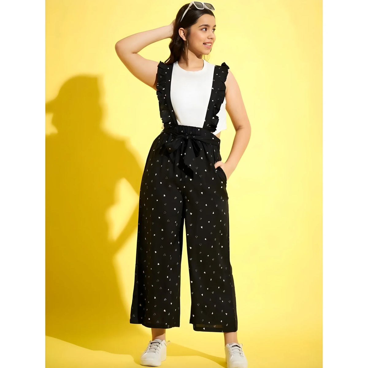 Girl's Cotton Printed Sleeveless Dungaree (black White) | Kids Signature Collection