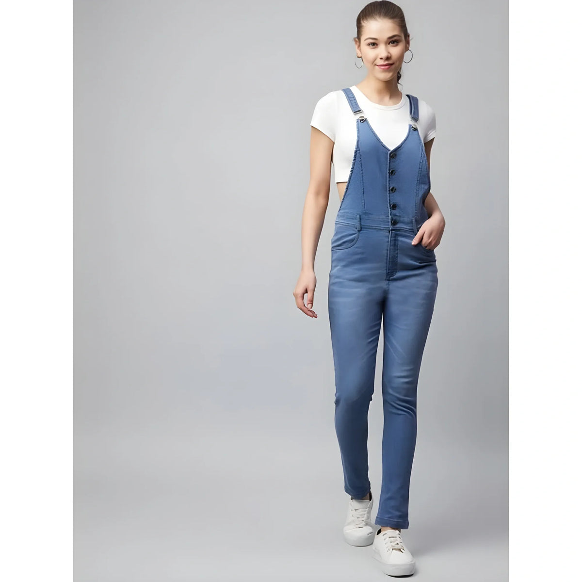 Women's Denim Lycra Solid Buttoned Dungaree (ice Blue) | Women Signature Collection
