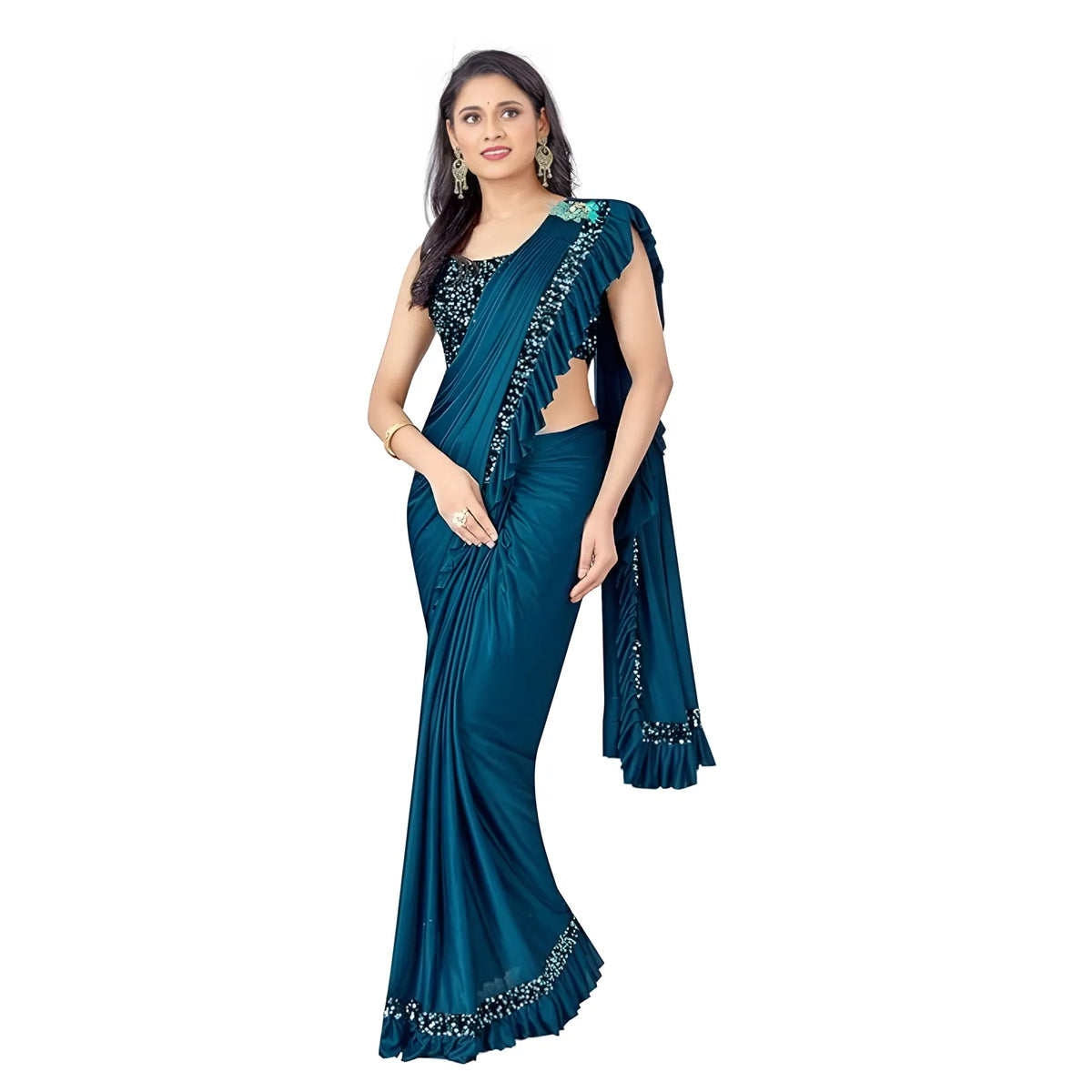 Women's Lycra Solid Saree With Unstitched Blouse (rama, 5.5 Mtr) | Women Signature Collection