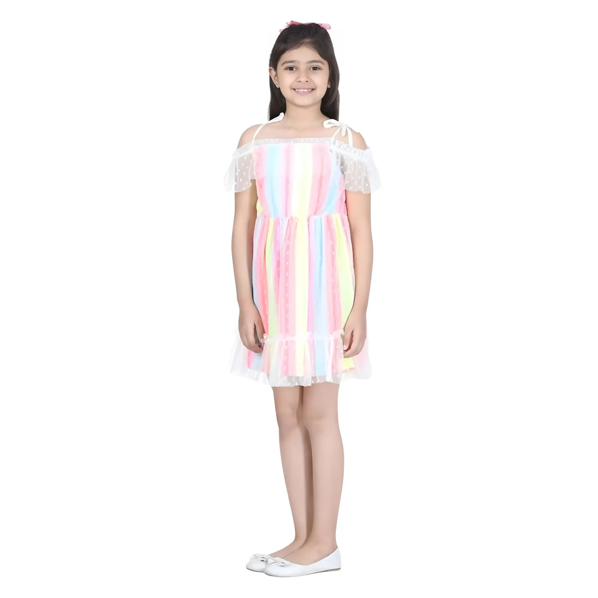 Girl's Polyester Self Design Cold Shoulder Dress (multicolor) | Kids Signature Collection