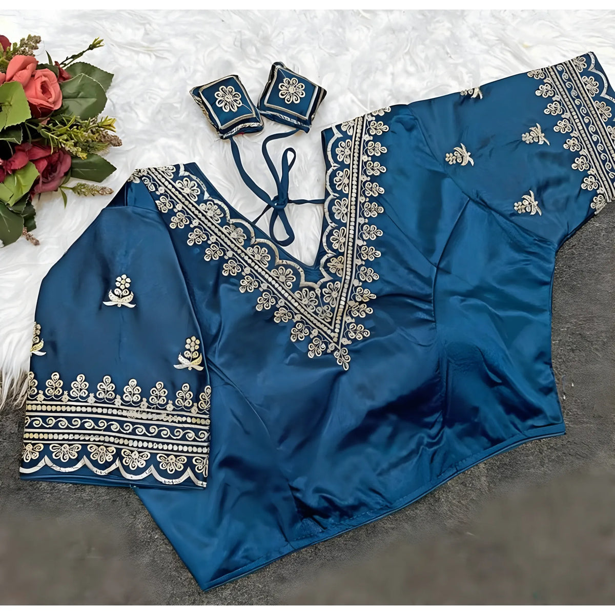 Signature Women's Satin Embroidered Half sleeve V-Neck Padded Readymade Blouse