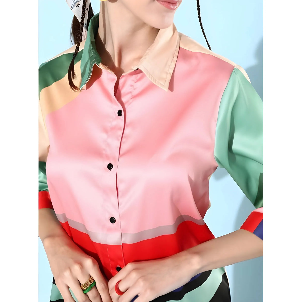 Women's Satin Colour Block Long Sleeves Co Ord Set (multicolor) | Women Signature Collection