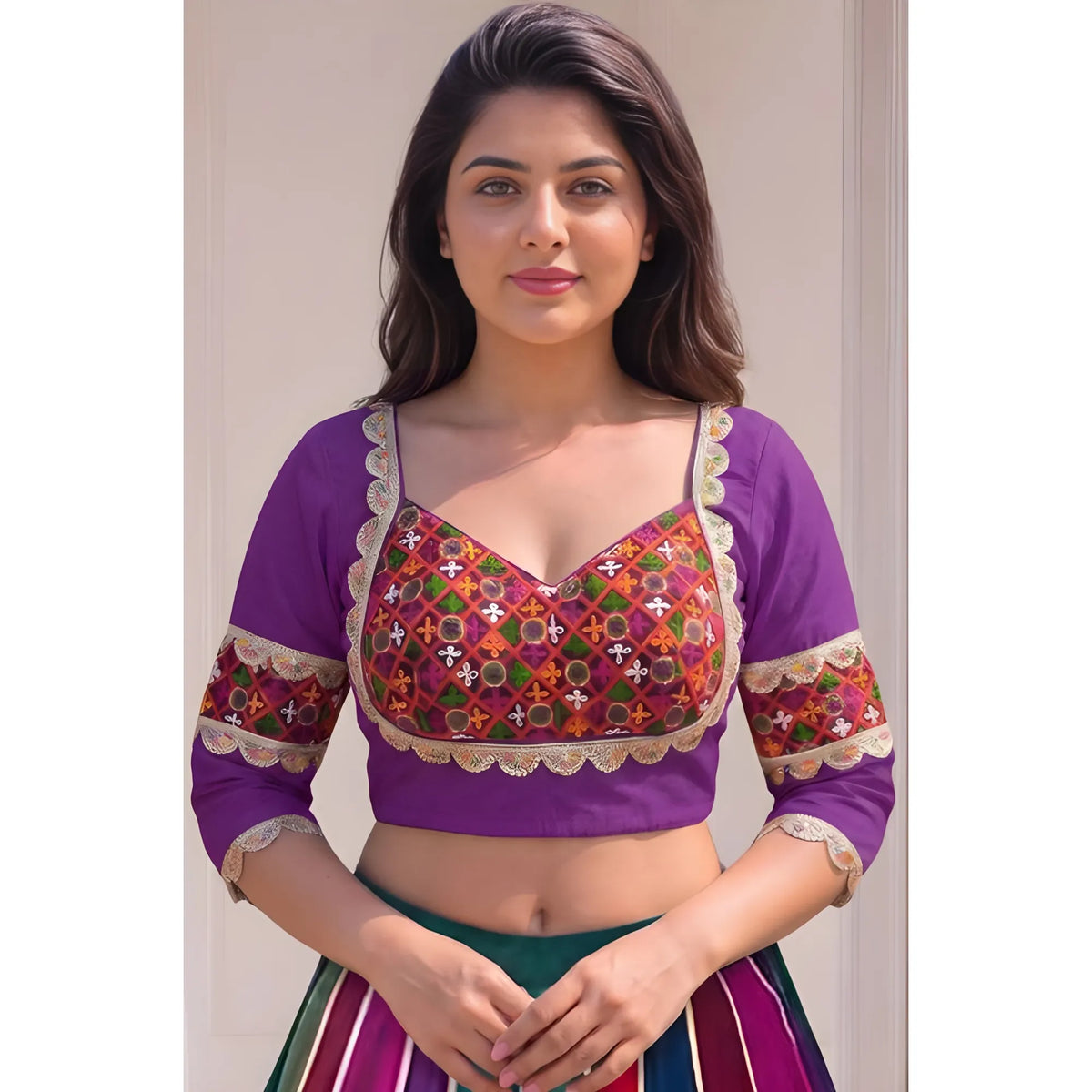 Amethyst Women's Cotton Blend Embroidered 3/4 Sleeve V-Neck Padded Readymade Blouse