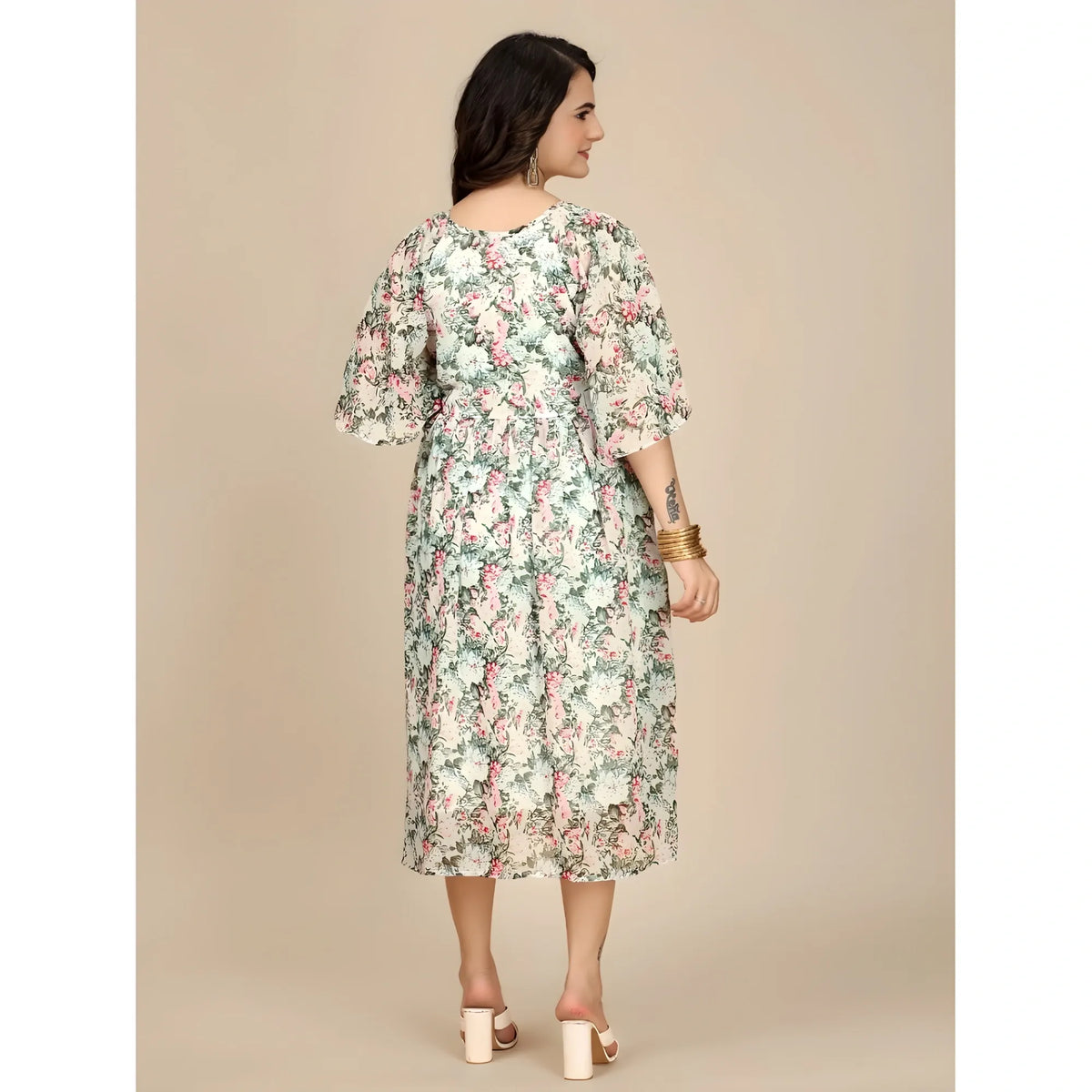 Women's Georgette Printed Round Neck Short Sleeve Dress (pink) | Women Signature Collection