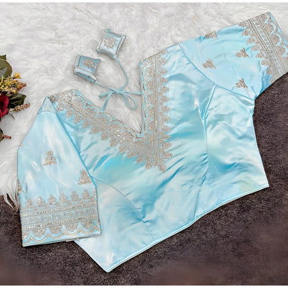 Azure Women's Satin Embroidered Half sleeve V-Neck Padded Readymade Blouse