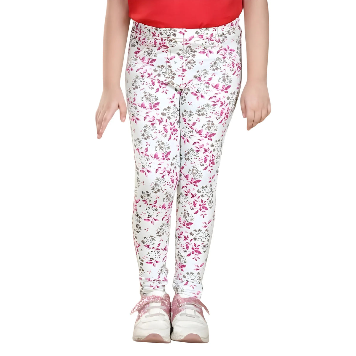 Girl's Cotton Lycra Floral Elasticated Jeggings (White-Pink)