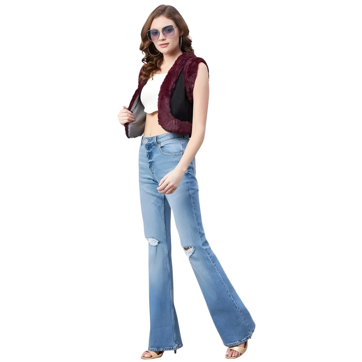 Women's Denim And Fur Solid Sleeveless Shrug (black Maroon) | Women Signature Collection