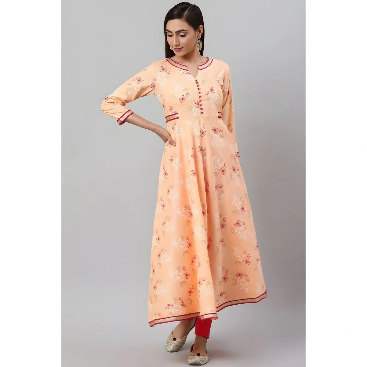Women's Casual 3/4 Th Sleeve Floral Printed Rayon Kurti (peach) | Women Signature Collection