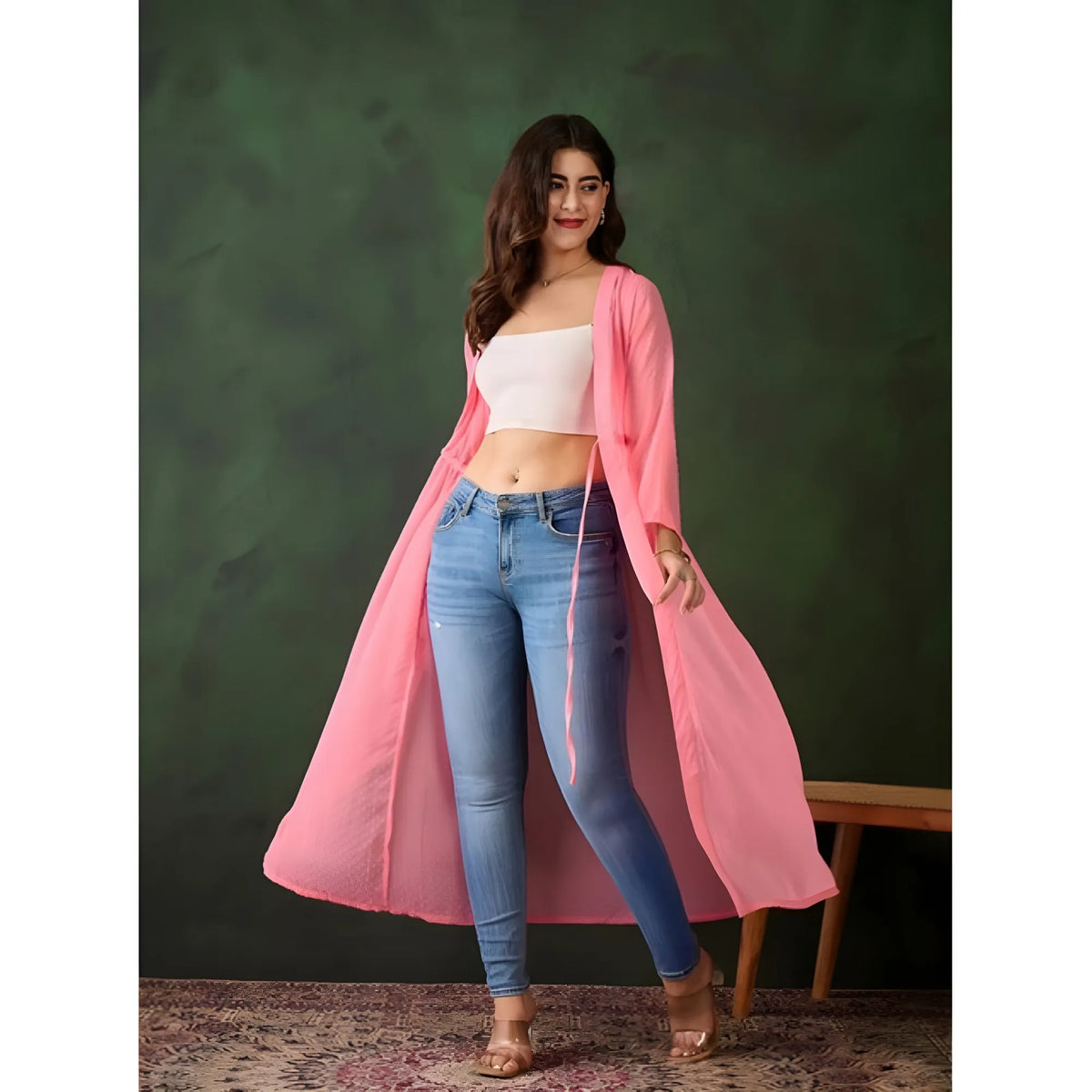 Women's Chiffon Self Design Long Sleeves Shrug (pink) | Women Signature Collection