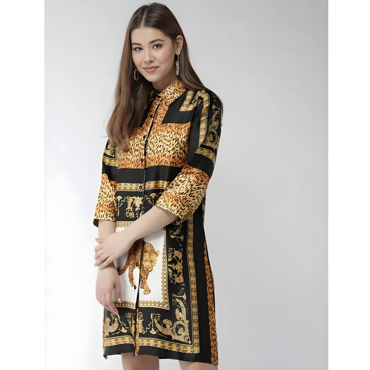 Women's Satin Animal Print 3 4th Sleeves Above Knee Dress (white Orange) | Women Signature Collection