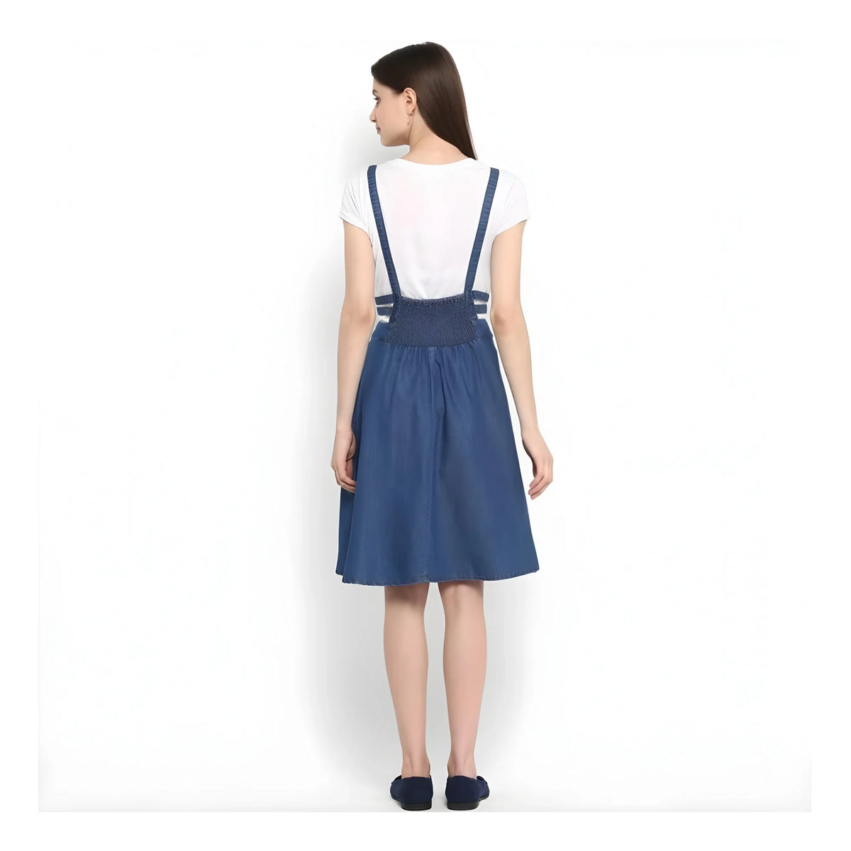 Women's Denim Solid Shoulder Straps Below Knee Dress (blue) | Women Signature Collection