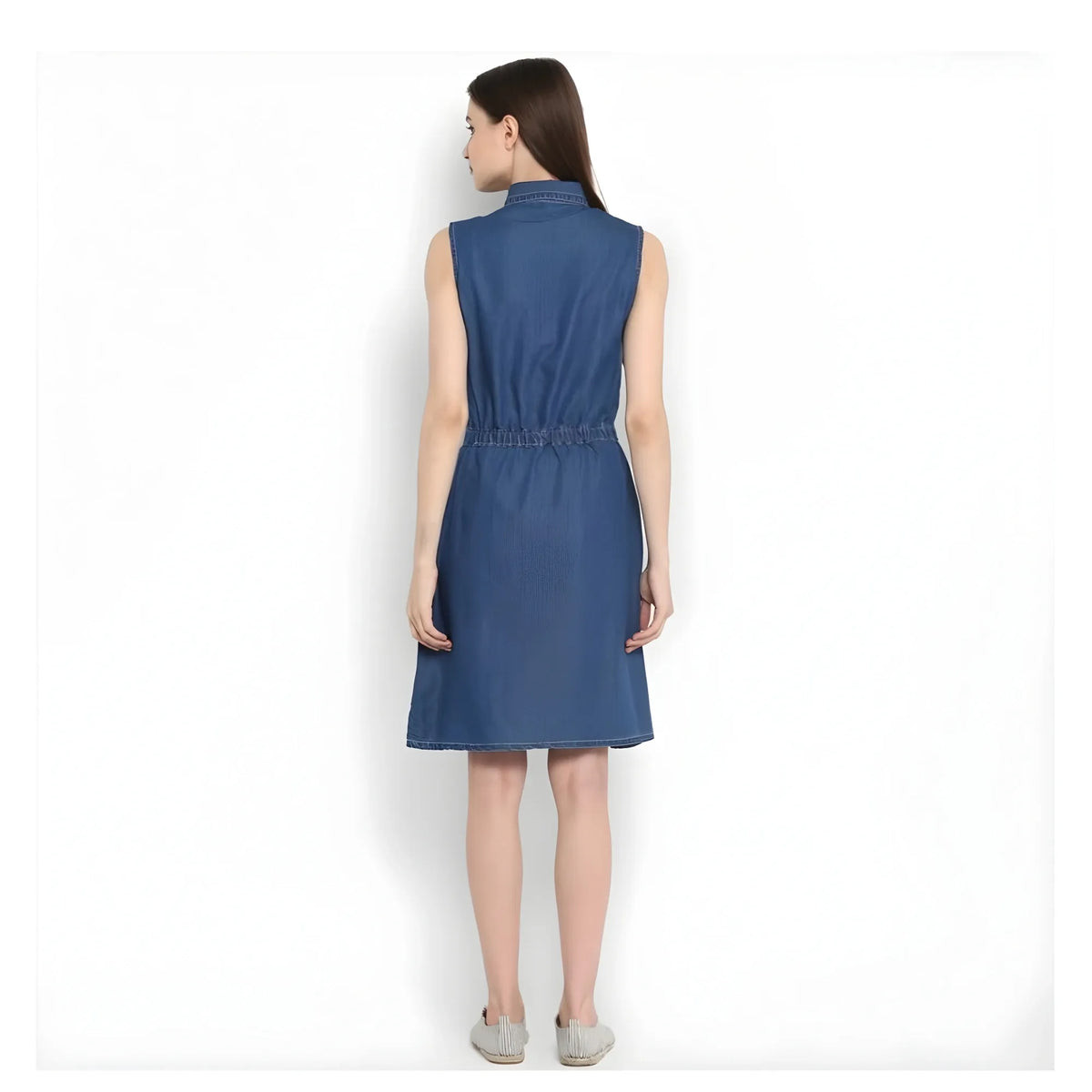 Women's Denim Solid Sleeveless Above Knee Dress (blue) | Women Signature Collection