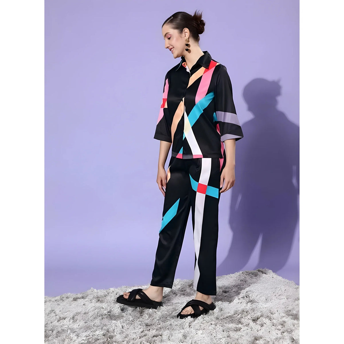 Women's Satin Colour Block Long Sleeves Co Ord Set (multicolor) | Women Signature Collection