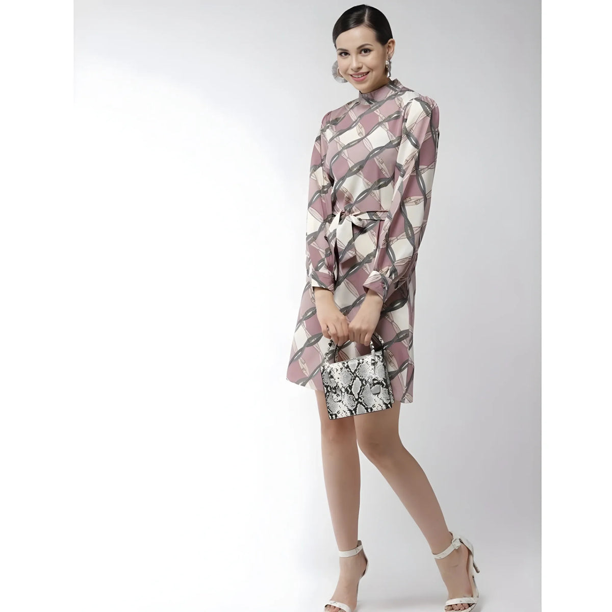 Women's Polyester Checkered Long Sleeves Above Knee Dress (off White Lavender) | Women Signature Collection