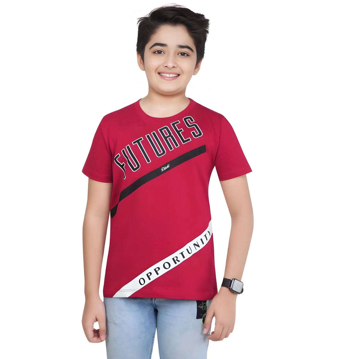 Boy's Cotton Grapic Printed Round Neck T-Shirt (Marron)