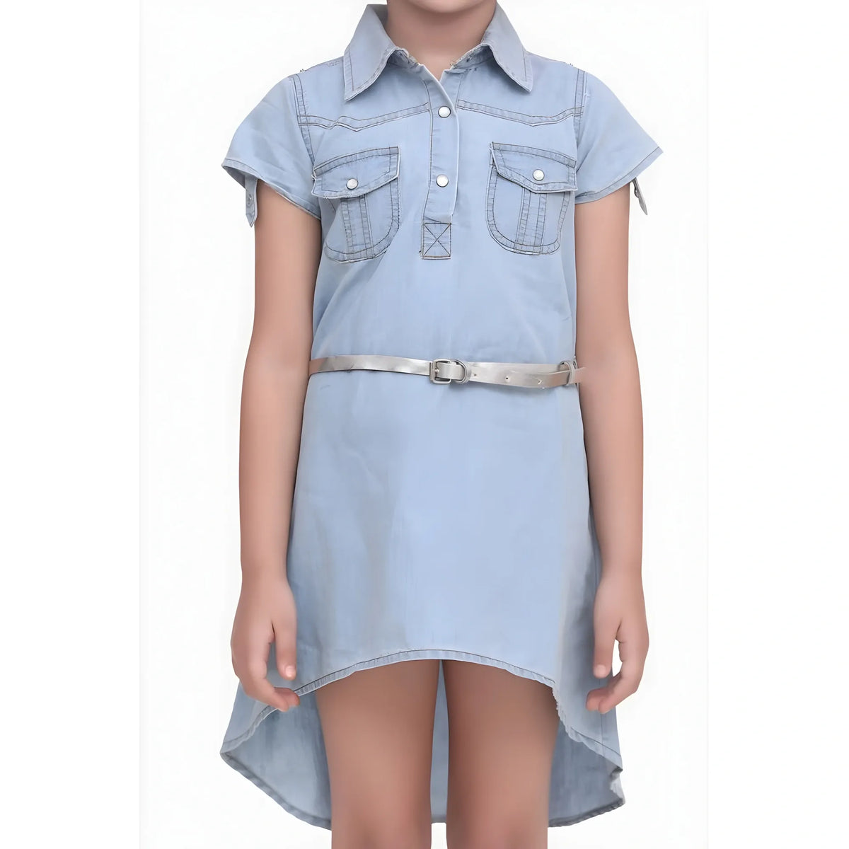 Girl's Denim Hi Lo Short Sleeve Dress With Belt (blue) | Kids Signature Collection